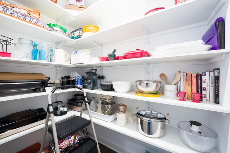 walk in pantry with open shelves. 