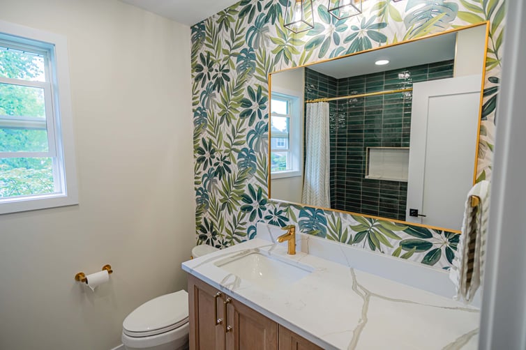bathroom with jungle wallpaper 