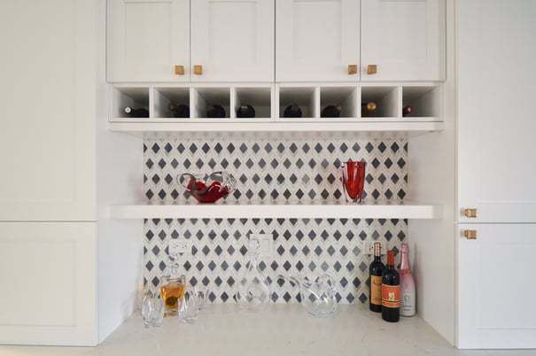 beverage station with grey diamond backsplash 