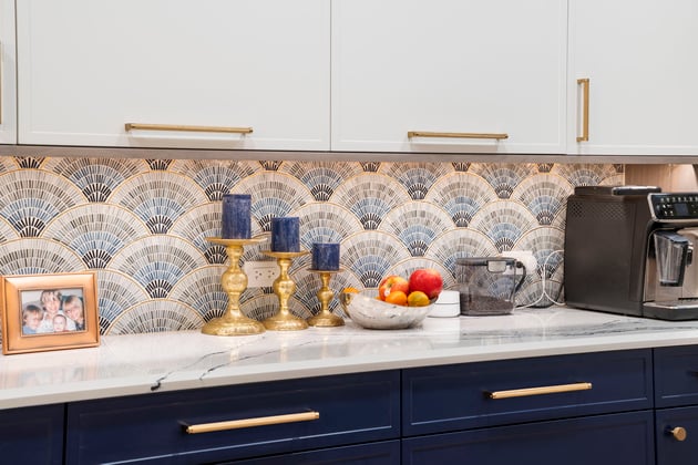 Beverage station with blue patterned backsplash 
