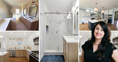 Collage of kitchens and laundry rooms. The middle image is a blue island kitchen with stained wood cabinets in the back, a box hood, and sculptural light fixtures.  then there is a first floor remodle with a stained wood island a grean wall cabinets and a living room in the back. There is a laundry room with blue cabinets.