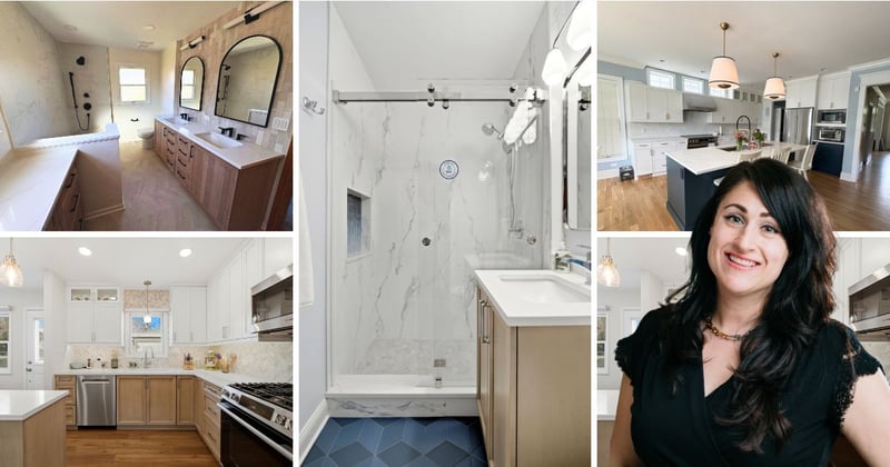 Collage of kitchens and laundry rooms. The middle image is a blue island kitchen with stained wood cabinets in the back, a box hood, and sculptural light fixtures.  then there is a first floor remodle with a stained wood island a grean wall cabinets and a living room in the back. There is a laundry room with blue cabinets.