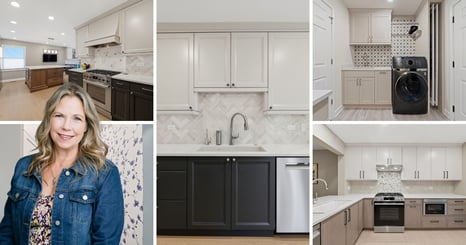 Collage of kitchens and laundry rooms. The middle image is a blue island kitchen with stained wood cabinets in the back, a box hood, and sculptural light fixtures.  then there is a first floor remodle with a stained wood island a grean wall cabinets and a living room in the back. There is a laundry room with blue cabinets.