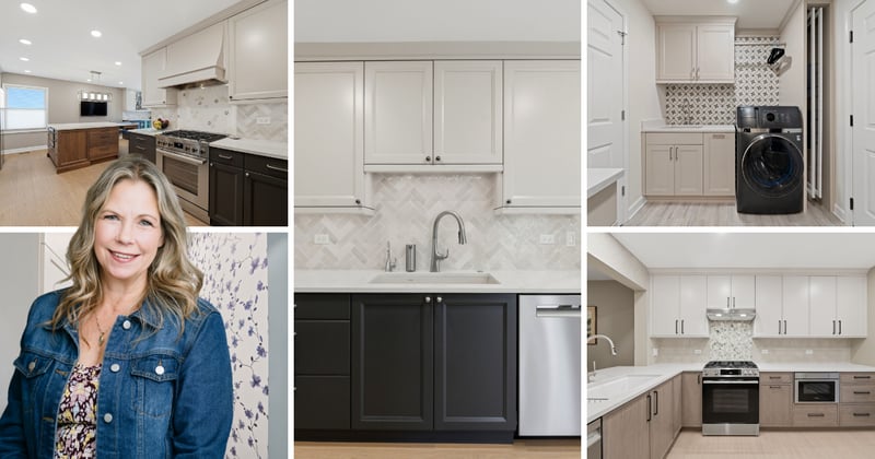 Collage of kitchens and laundry rooms. The middle image is a blue island kitchen with stained wood cabinets in the back, a box hood, and sculptural light fixtures.  then there is a first floor remodle with a stained wood island a grean wall cabinets and a living room in the back. There is a laundry room with blue cabinets.