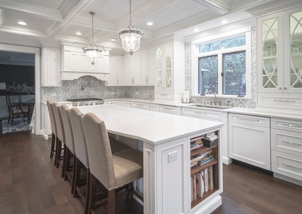 White kitchen with a five seater island 